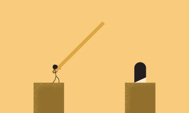 Tahta levhayı kullanarak uçurumu geçmeye çalışan bir adamın Asgari Sopa Sanatı Sonraki Kayalıktaki Kapıya