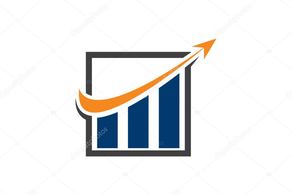 Business growth chart with upward trending arrow and rising bars inside a square