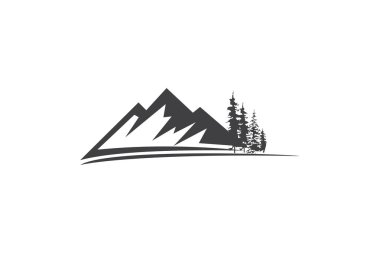 vektör dağ ve açık maceralar logosu, Dağ Logo Şablonu. Minimalist Manzara Hills / Mountain Peaks Vektör logo tasarımı, Minimalist Manzara Dağ logo tasarım ilham, Dağlar logo tasarımı, Dağlar nehir logosu şablonu ile