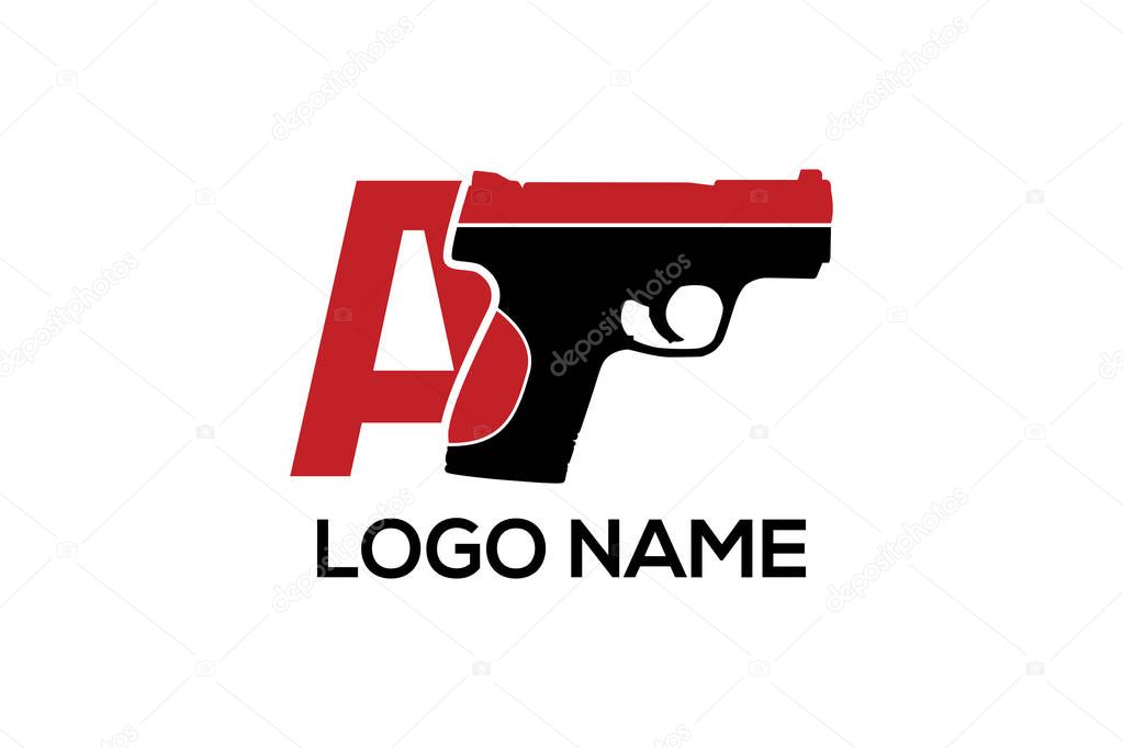 Pistol Weapon logo label emblem. A pair of crossed pistol guns, shooting gun logo for shooting club, vector illustration, Gun sign icon. Firearms weapon symbol.  Pistol isolated vector icon, Tactic pistol Glock gun vector, Gun Icon. 
