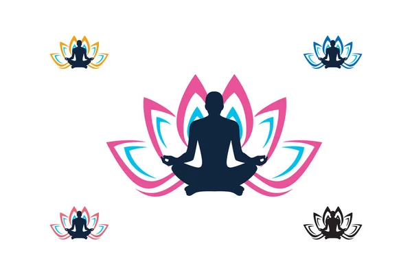 Plantilla Logotipo Yoga Logotipo Flor Loto Con Silueta Humana Emblema — Vector de stock
