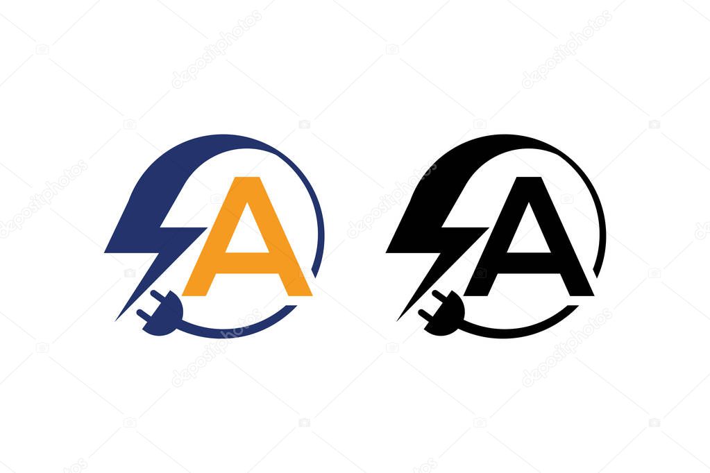 Electrical sign with the letter A, Electricity Logo, electric logo and icon Vector design Template.Lightning Icon in Vector. Lightning Logo, Power Energy Logo Design Element,