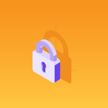 Kilitli asma kilit, renkli arka plan üzerinde izometrik düz tasarım infografik