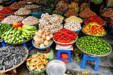Tipik Vietnam yemekleri ve taze sebzeli bölgesel sağlıklı yemekler.