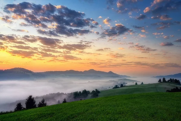 Hermoso paisaje con valles, lagos y ríos en las montañas Pieniny en la niebla — Foto de Stock
