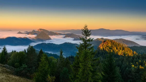 Красивый пейзаж с долинами, озерами и реками в тумане — стоковое фото