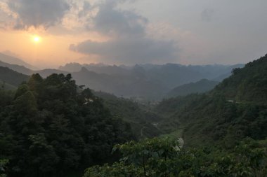 Yüksek dağ sisli ormanı Phia Oac ile baharda tipik Vietnam manzarası