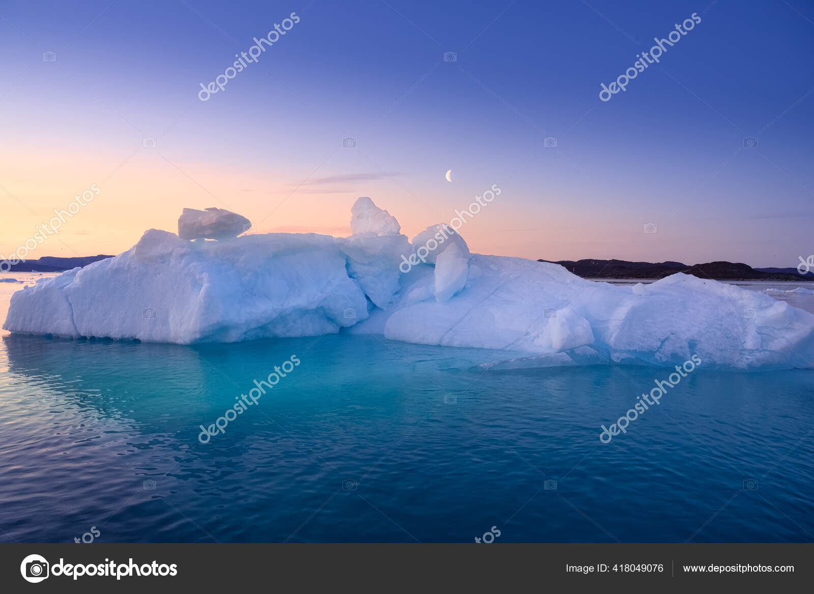 Floating glaciers in the rays of the setting sun at polar night with Moon —  Stock Photo © sugarek #418049076, image size:1600x1167