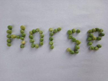  Kağıda serilmiş bezelyeden yapılmış at kelimesi ile beyaz arka plan 