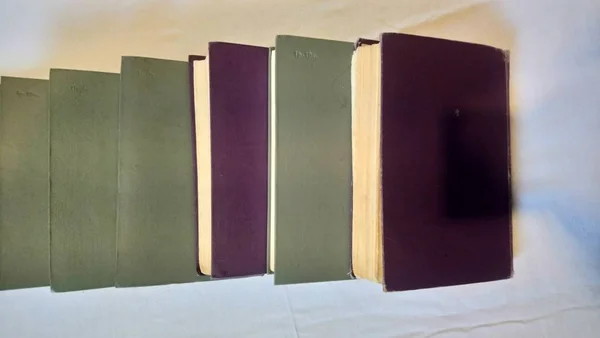 Zwei Violette Und Zwei Graue Bücher Liegen Auf Dem Tisch — Stockfoto