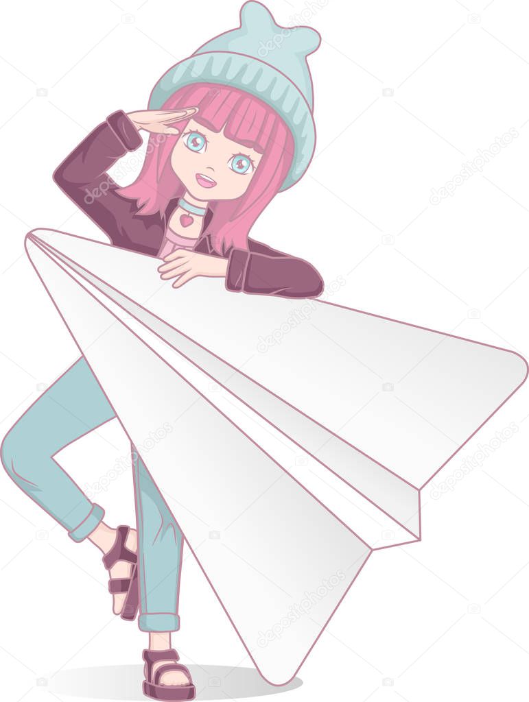 Anime girl is holding paper plane. Cartoon character in Japanese style. Independent messenger. Captain. Postman
