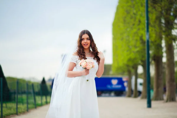 Bride in a luxurious wedding dress in Paris — Stock Photo, Image