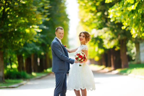 Heerlijk jong bruidspaar poserend in het park op de zonnige dag. — Stockfoto