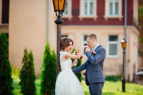 Noiva feliz e noivo em seu casamento. recém-casados no parque . — Fotografia de Stock