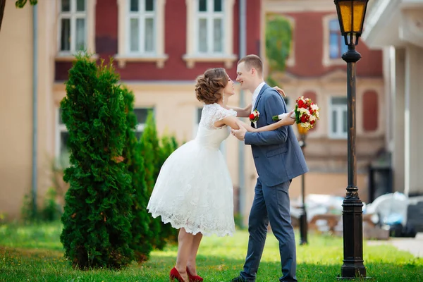 晴れた日に公園でポーズをとっている素晴らしい若い結婚式のカップル. — ストック写真