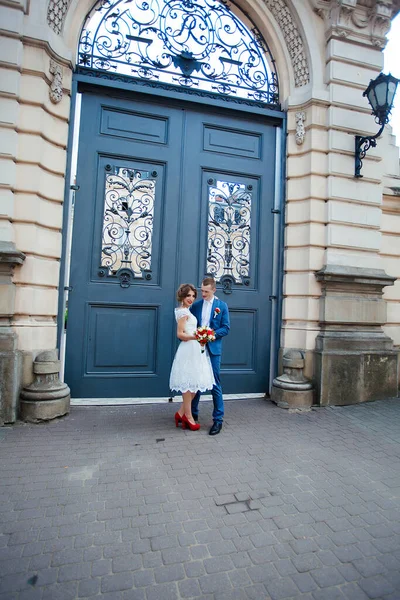 Fabulosa joven pareja de boda posando en el parque en el día soleado . —  Fotos de Stock