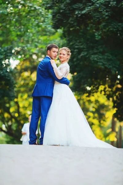 Bruid en bruidegom bruiloft. Pasgetrouwden in het park. — Stockfoto