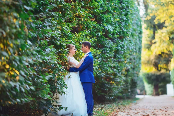 Romantisch moment. Mooie bruid in een luxe trouwjurk en stijlvolle bruid in een smoking — Stockfoto