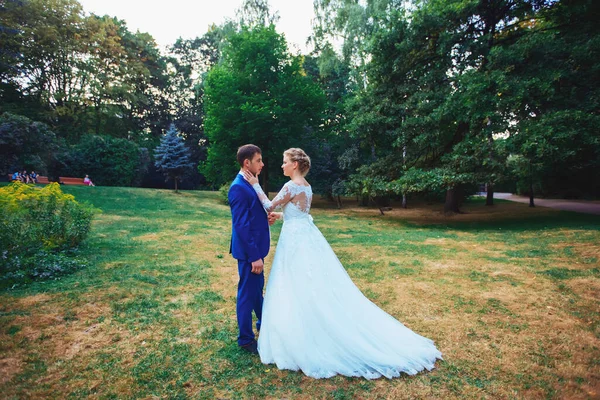 Наречений і наречений в парку цілуються. весілля в природі зелений ліс цілує — стокове фото