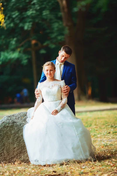 Bruid en bruidegom bruiloft. Pasgetrouwden in het park. — Stockfoto