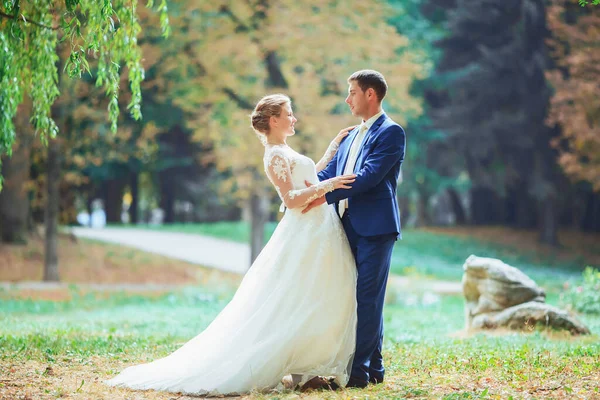 Gelin ve damat parkta öpüşüyor. Doğada düğün yeşil orman öpücüğü — Stok fotoğraf