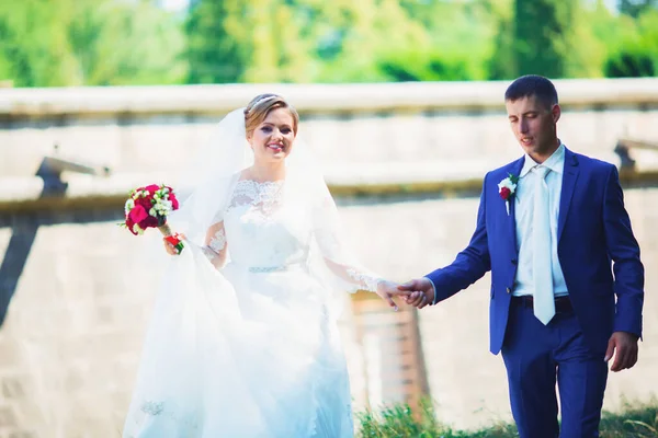 Momento romantico. Bella sposa in un abito da sposa di lusso e sposa elegante in smoking — Foto Stock