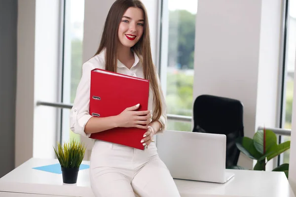 Young brunette businesswoman sitting on bright modern workplace — Stock Photo, Image