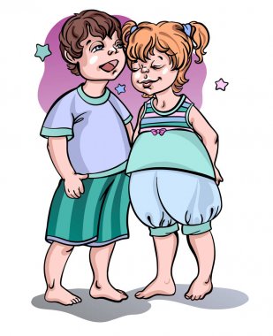 Pijama ve gecelik giyen, birlikte kalan, esneyen ve uyumaya hazır lanmakta olan küçük uykulu erkek ve kız