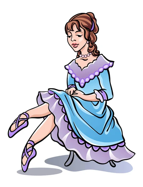 Pequeña bailarina hermosa niña bailarina en clásico baile lila y vestido azul claro y zapatos puntiagudos se sienta en la silla — Vector de stock