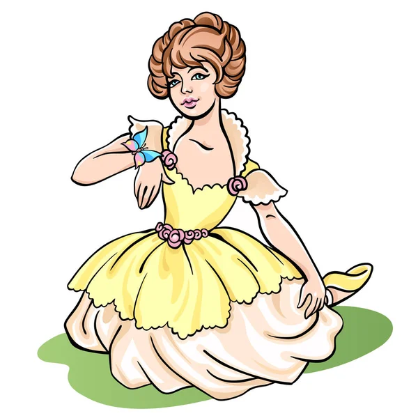 Pequeña hermosa bailarina princesa en vestido amarillo se sienta en la hierba y sostiene la mariposa — Vector de stock