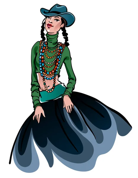 Vector Fashion illustratie van jonge mooie Zuid-Amerikaanse meisje dragen van traditionele kostuum met Mexicaanse hoed — Stockvector