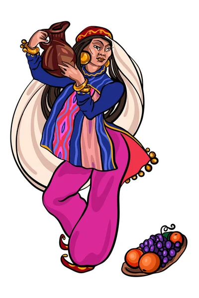 Ilustración vectorial de la joven uzbeka en traje étnico de Asia Central, sosteniendo la jarra — Vector de stock