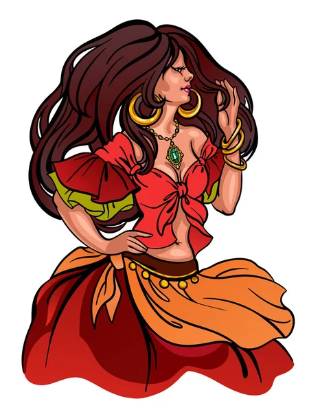 Vector illustratie van jonge mooie Gipsy Belly Dancer meisje, het dragen van etnische kostuum, glimlachend en houden strand van haar — Stockvector