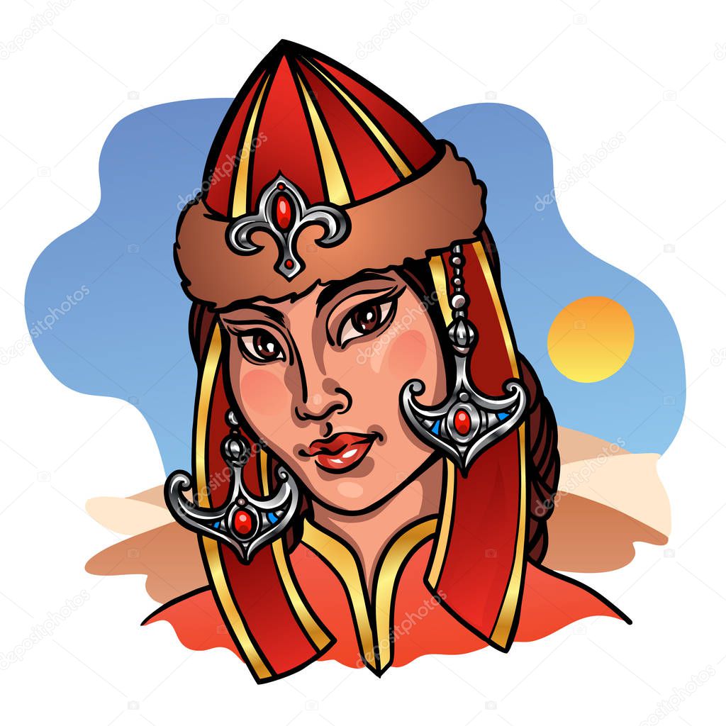 Vector portrait illustration of young Kazakh girl wearing ethnic costum, headdres and jewelry