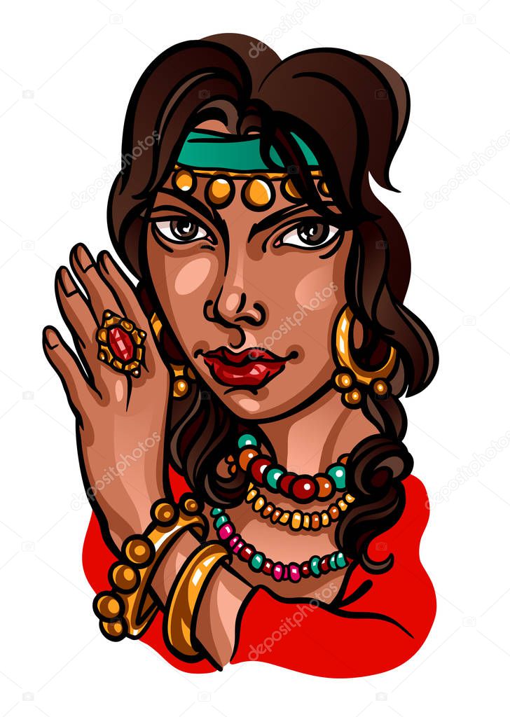 Vector close-up portrait of young beautiful Gipsy woman, wearing gold jewelry