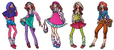 Birlikte duran beş genç kızın vektör illüstrasyonlarının koleksiyonu