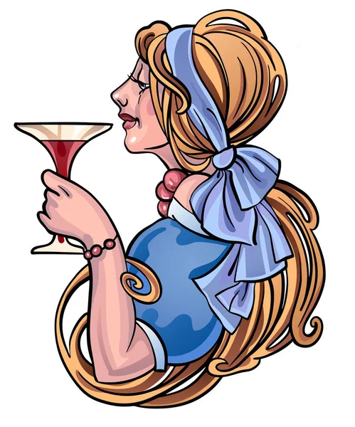 新艺术风格中年轻美丽的女孩轮廓的矢量插图拿着一杯葡萄酒 — 图库矢量图片