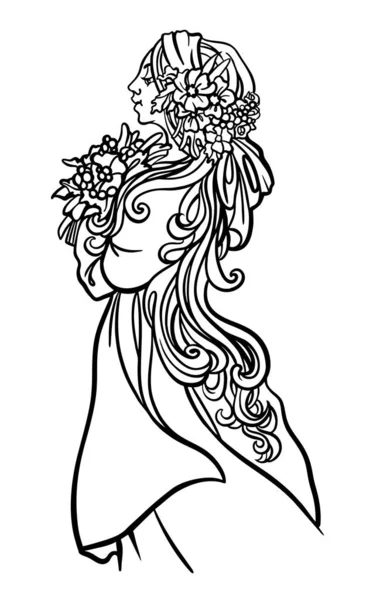 Vector line illustration of young beautiful girl profile in art nouveau style — Stock Vector