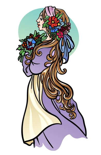 Ilustración vectorial del hermoso perfil de la muchacha joven en estilo art nouveau, usando la corona y sosteniendo el ramo de flores — Vector de stock