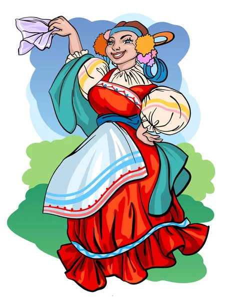 身着民族服装的俄罗斯少女手持手帕和披肩的矢量插图 — 图库矢量图片