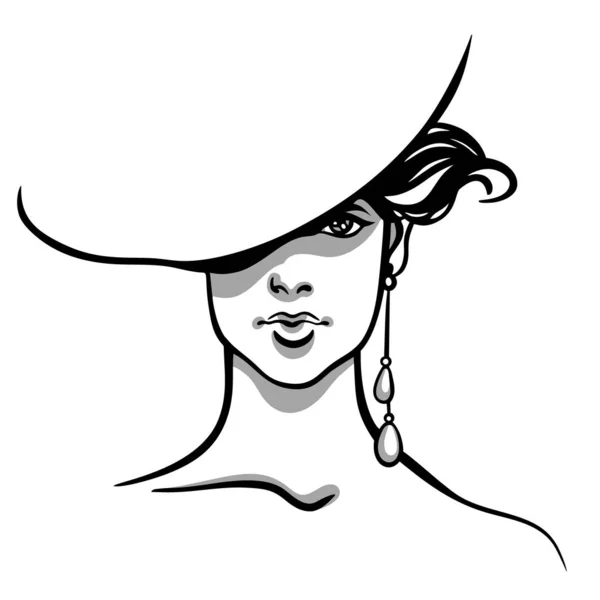 Ilustración de moda de línea vectorial de niña hermosa usando sombrero y arete largo — Vector de stock