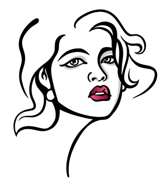 Retrato de moda de arte de línea vectorial de joven hermosa mujer asiática con lápiz labial rojo — Vector de stock