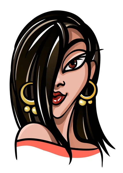 Retrato estilo cómic vectorial de joven hermosa chica latina con pendientes de oro — Vector de stock