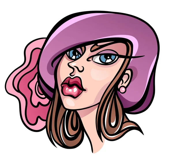 Retrato de estilo de dibujos animados vectorial de la joven hermosa chica francesa en sombrero lila — Vector de stock
