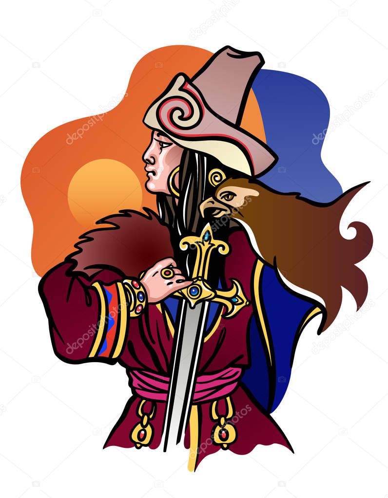 Vector portrait illustration of young Kazakh Nomad warrior woman holding sword and eagle