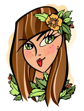 Saç çiçekleri ve çilek ile genç güzel yeşil gözlü kız Vektör doodle tarzı portre