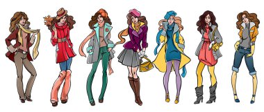 Sonbahar giyen yedi genç güzel kız Moda koleksiyonu