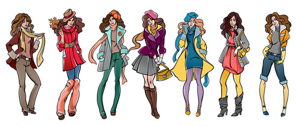 Fashion collection of seven young beautiful girls wearing autumn