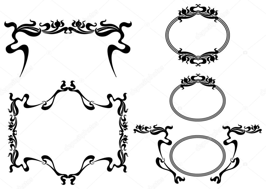 Set of classic vector floral line frames in art nouveau style for custom design