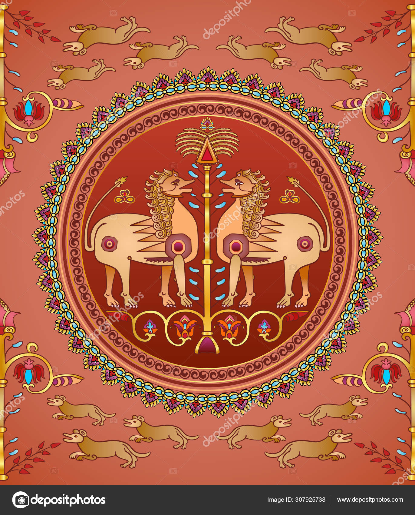 Colorful Vector Arabian Islamic Seamless Textile Pattern With The Image Of Lion In Circle Hounds And Ornamental Trees In Terracotta Red And Gold Colors Stock Vector C Natalya Volodeva 307925738